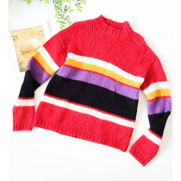Sanctuary Party Striped Alpaca Wool Red Knit Crew Neck Pullover Sweater Small - Picture 2 of 10